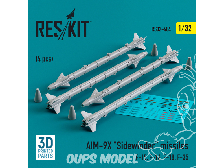 ResKit kit armement Avion RS32-0484 Missiles AIM-9X « SIDEWINDER » 4 pièces imprimés en 3D 1/32