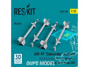 ResKit kit armement Avion RS32-0483 Missiles AIM-9P « SIDEWINDER » 4 pièces imprimées en 3D 1/32