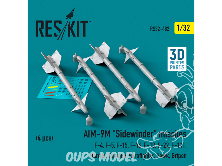 ResKit kit armement Avion RS32-0482 Missiles AIM-9M « SIDEWINDER » 4 pièces imprimés en 3D 1/32