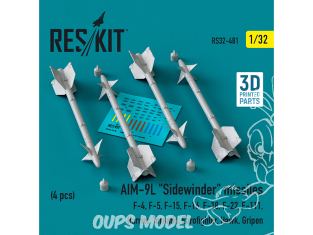 ResKit kit armement Avion RS32-0481 Missiles AIM-9L « SIDEWINDER » 4 pièces imprimés en 3D 1/32