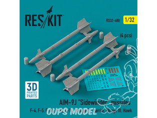 ResKit kit armement Avion RS32-0480 Missiles AIM-9J « SIDEWINDER » 4 pièces imprimées en 3D 1/32