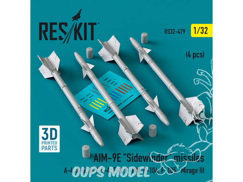 ResKit kit armement Avion RS32-0479 Missiles AIM-9E « SIDEWINDER » 4 pièces imprimés en 3D 1/32