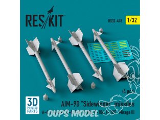 ResKit kit armement Avion RS32-0478 Missiles AIM-9D « SIDEWINDER » 4 pièces imprimés en 3D 1/32