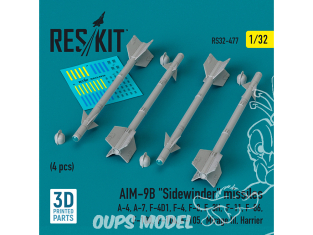 ResKit kit armement Avion RS32-0477 Missiles AIM-9B « SIDEWINDER » 4 pièces imprimées en 3D 1/32