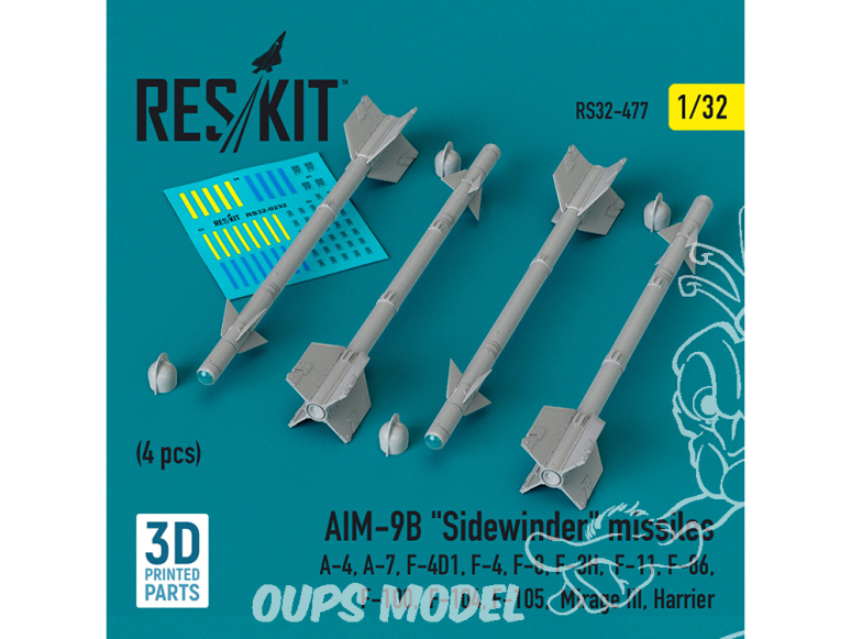 ResKit kit armement Avion RS32-0477 Missiles AIM-9B « SIDEWINDER » 4 pièces imprimées en 3D 1/32