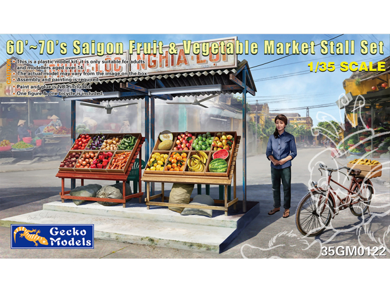Gecko Models maquettes militaire 35GM0122 Ensemble de stands fruits et légumes Saigon 1960 à 70 figurine et vélo inclus 1/35