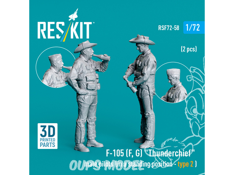 ResKit Figurine RSF72-0058 F-105F, G THUNDERCHIEF PILOTES HOMMES EN POSITION DEBOUT TYPE 2 2 PIÈCES IMPRIMÉES EN 3D 1/72