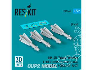 ResKit kit armement Avion RS72-0431 Missiles AIM-4D FALCON 4 pièces imprimés en 3D 1/32