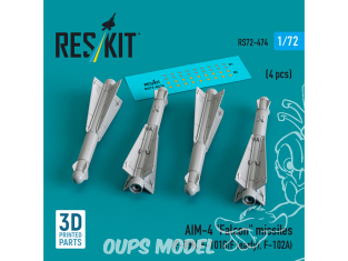 ResKit kit armement Avion RS72-0474 Missiles AIM-4 FALCON 4 pièces imprimés en 3D 1/72