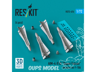ResKit kit armement Avion RS72-0476 Missiles AIM-4F,G FALCON 4 pièces imprimés en 3D 1/72