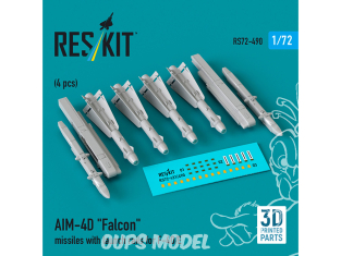 ResKit kit armement Avion RS72-0490 Missiles AIM-4D Falcon avec rails de lancement pour F-4D/E 4 pièces en 3D 1/72