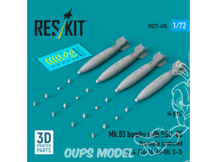 ResKit kit armement Avion RS72-0496 Bombes Mk.83 avec BSU-85 protégées thermiquement, 4 pièces en 3D 1/72