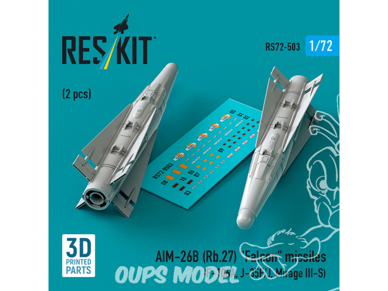 ResKit kit armement Avion RS72-0503 AIM-26B (Rb.27) "Falcon" missiles 2 pcs 3D Printed 1/72