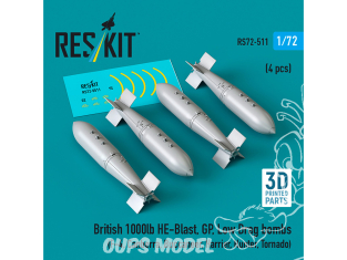 ResKit kit armement Avion RS72-0511 Bombes britanniques HE-Blast de 1000 lb GP à faible traînée 4 pièces imprimées en 3D 1/72