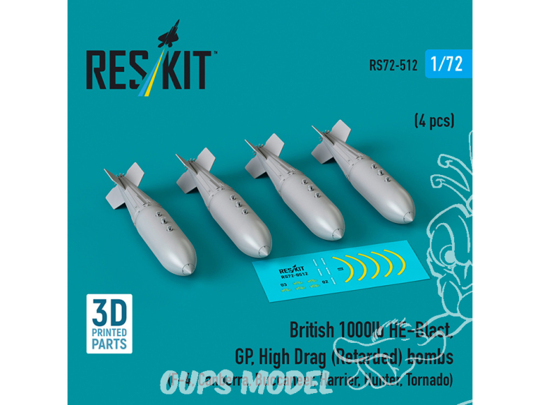 ResKit kit armement Avion RS72-0512 Bombes britanniques HE-Blast de 1 000 lb, GP, à traînée élevée, 4 pièces 3D 1/72