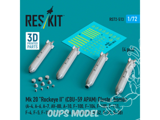 ResKit kit armement Avion RS72-0513 Bombes à fragmentation Mk 20 « Rockeye II » CBU-59 APAM, 4 pièces imprimées en 3D 1/72