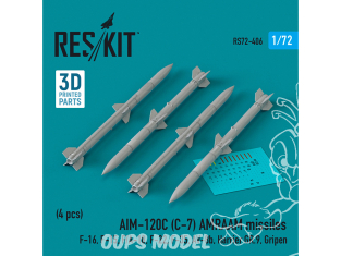ResKit kit armement Avion RS72-0406 Missiles AIM-120C C-7 AMRAAM, 4 pièces, imprimés en 3D 1/72