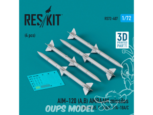ResKit kit armement Avion RS72-0407 Missiles AIM-120A,B AMRAAM, 4 pièces, imprimés en 3D 1/72