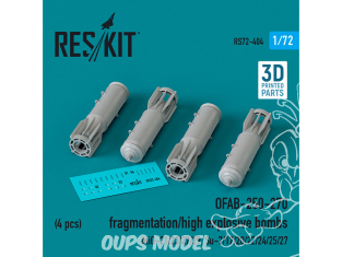 ResKit kit armement Avion RS72-0404 Bombes explosives à fragmentation OFAB-250-270, 4 pièces imprimées en 3D 1/72