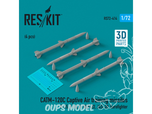 ResKit kit armement Avion RS72-0414 Missiles d'entraînement aérien captif CATM-120C 4 pièces imprimés en 3D 1/72
