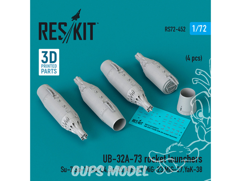 ResKit kit armement Avion RS72-0452 LANCE-ROQUETTES UB-32A-73 4 PIÈCES IMPRIMÉES EN 3D 1/72