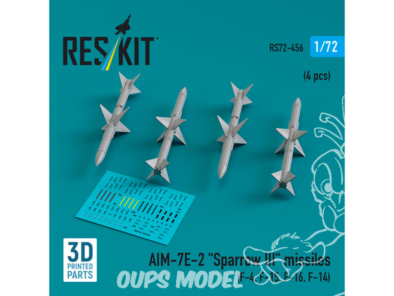 ResKit kit armement Avion RS72-0456 Missiles AIM-7E2 « SPARROW III » 4 pièces imprimées en 3D 1/72