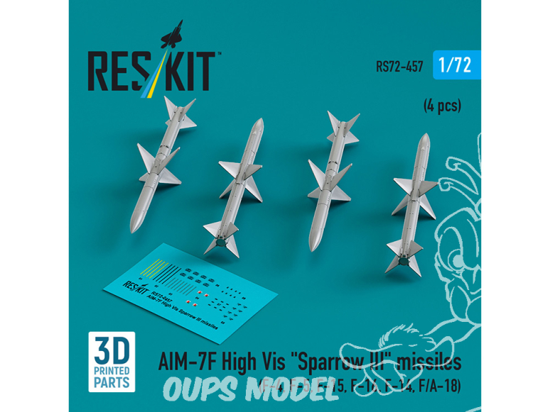 ResKit kit armement Avion RS72-0457 Missiles AIM-7F haute visibilité « SPARROW III » 4 pièces imprimées en 3D 1/72
