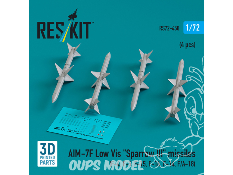 ResKit kit armement Avion RS72-0458 Missiles AIM-7F à faible visibilité « SPARROW III » 4 pièces imprimées en 3D 1/72