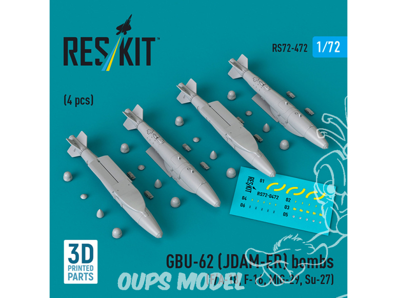 ResKit kit armement Avion RS72-0472 Bombes GBU-62 (JDAM-ER) 4 pièces imprimées en 3D 1/72