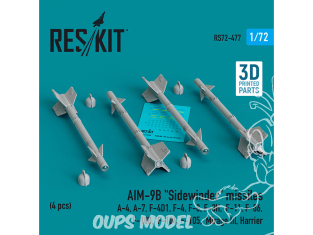 ResKit kit armement Avion RS72-0477 Missiles AIM-9B « SIDEWINDER » 4 pièces imprimées en 3D 1/72
