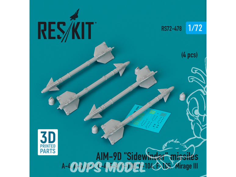 ResKit kit armement Avion RS72-0478 Missiles AIM-9D « SIDEWINDER » 4 pièces imprimés en 3D 1/72