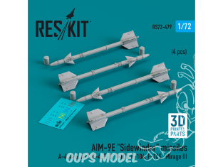 ResKit kit armement Avion RS72-0479 Missiles AIM-9E « SIDEWINDER » 4 pièces imprimés en 3D 1/72