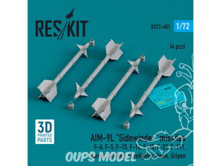 ResKit kit armement Avion RS72-0481 Missiles AIM-9L « SIDEWINDER » 4 pièces imprimés en 3D 1/72