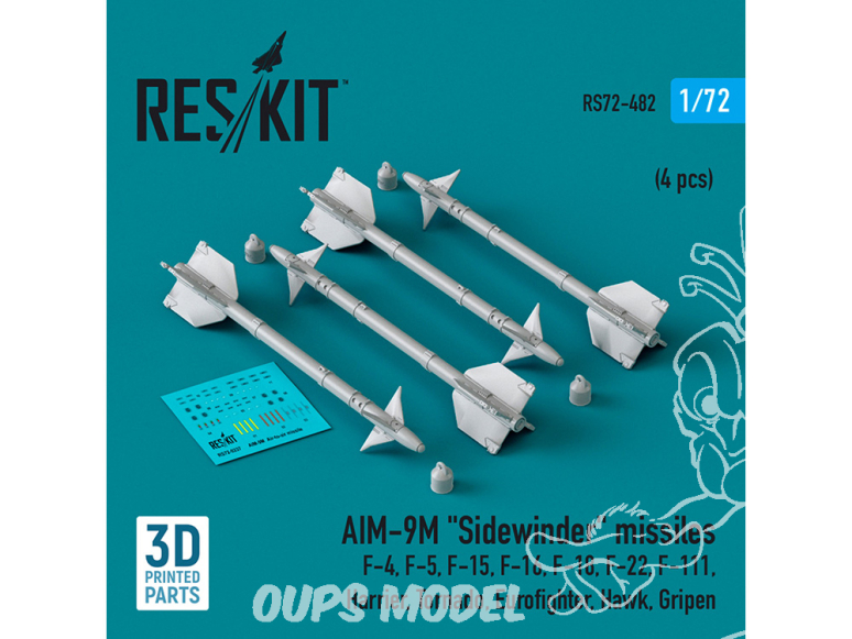 ResKit kit armement Avion RS72-0482 Missiles AIM-9M « SIDEWINDER » 4 pièces imprimés en 3D 1/72