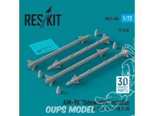 ResKit kit armement Avion RS72-0484 Missiles AIM-9X « SIDEWINDER » 4 pièces imprimés en 3D 1/72