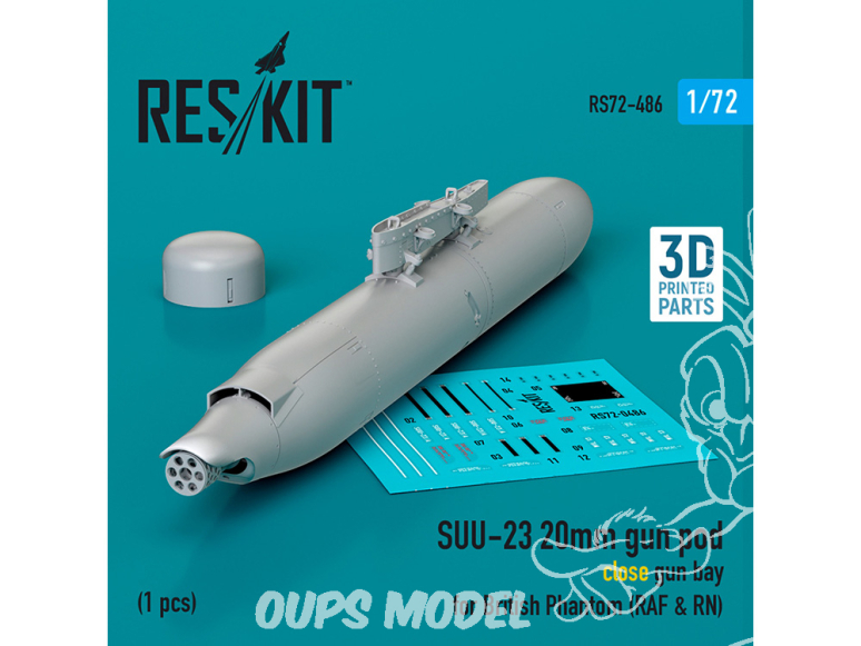 ResKit kit armement Avion RS72-0486 SUU-23 20MM GUN POD FERMÉ GUN BAY POUR BRITISH PHANTOM RAF & RN 1 PCS IMPRIMÉ EN 3D 1/72