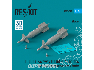 ResKit kit armement Avion RS72-0380 Bombes Paveway II LGB (Royaume-Uni) de 1000 lb, 2 pièces, imprimées en 3D 1/72