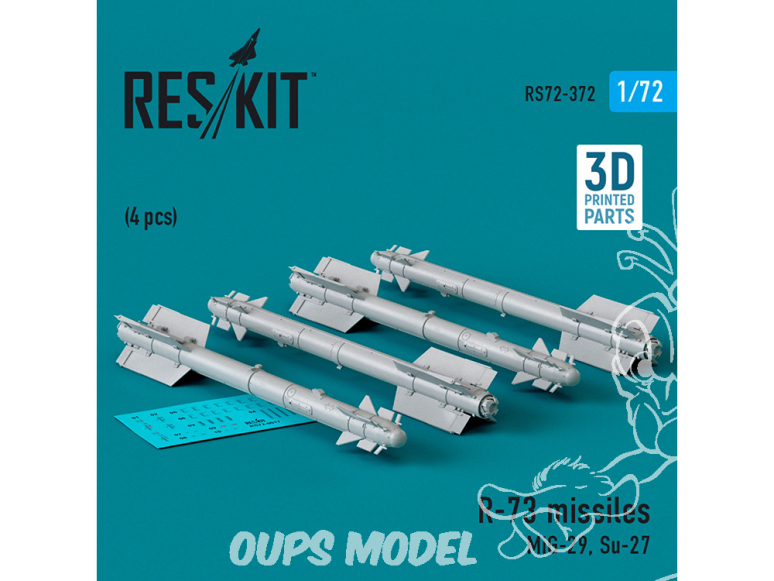 ResKit kit armement Avion RS72-0372 Missiles R-73 4 pièces imprimés en 3D 1/72
