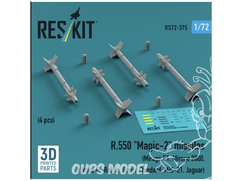 ResKit kit armement Avion RS72-0375 Matra R550 Magic II MISSILES 4 PIÈCES IMPRIMÉES EN 3D 1/72