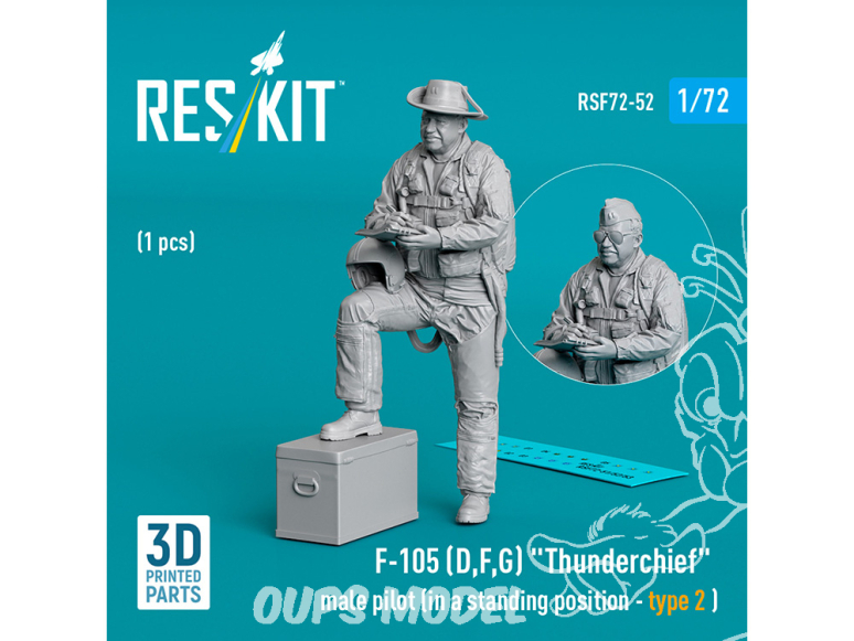 ResKit avion RSF72-0052 Pilote masculin F-105B,D Thunderchief en position debout type 2 1p imprimé en 3D 1/72