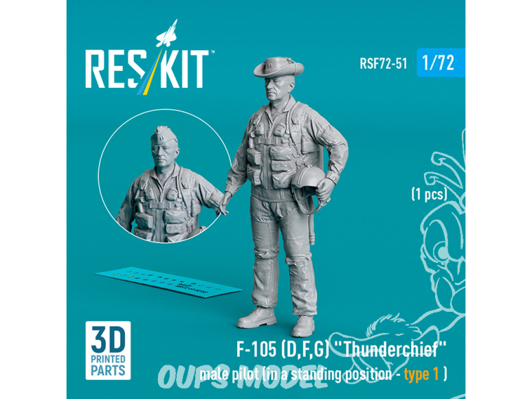 ResKit avion RSF72-0051 Pilote masculin F-105B,D Thunderchief en position debout type 1 1p imprimé en 3D 1/72