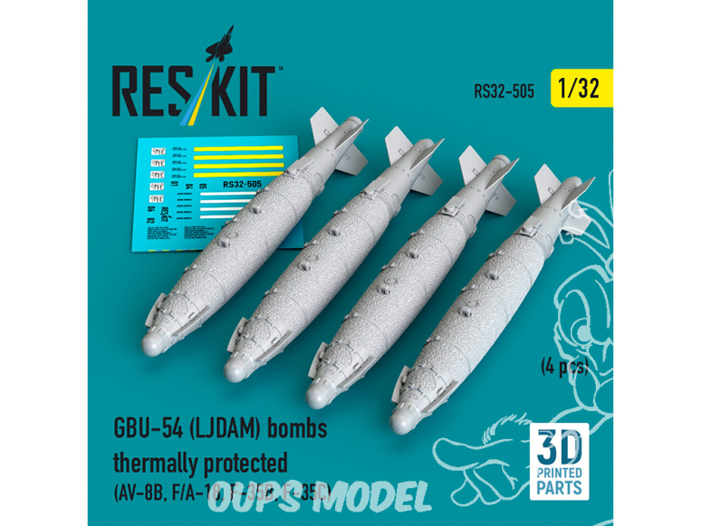 ResKit kit armement Avion RS32-0505 Bombes GBU-54 LJDAM protégé thermiquement 4 pièces imprimées en 3D 1/32