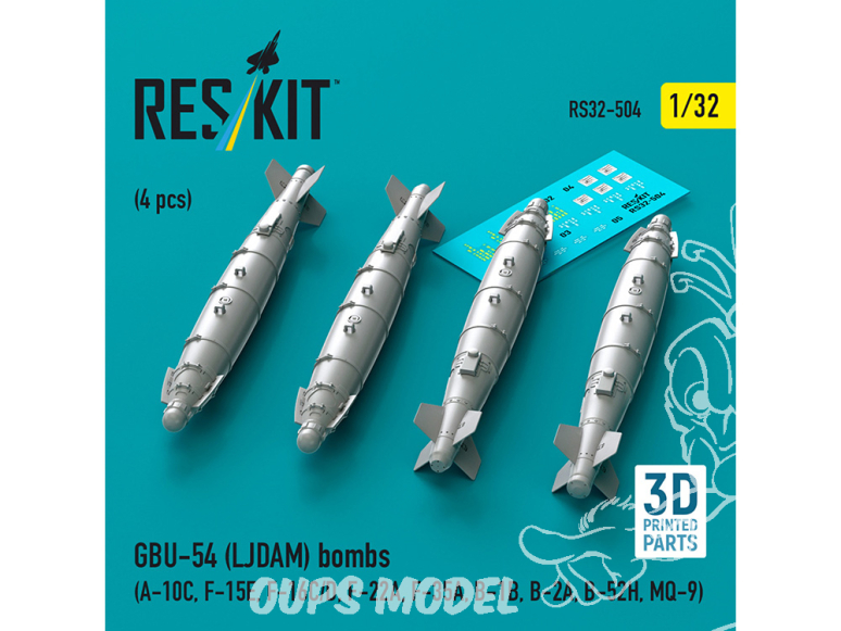 ResKit kit armement Avion RS32-0504 Bombes GBU-54 LJDAM 4 pièces imprimées en 3D 1/32