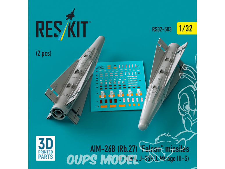 ResKit kit armement Avion RS32-0503 AIM-26B (Rb.27) "Falcon" missiles 2 pcs 3D Printed 1/32