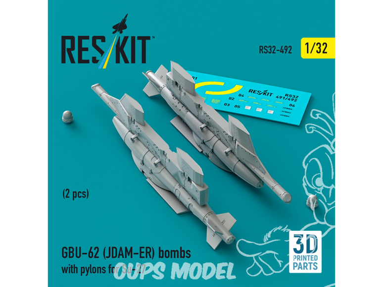 ResKit kit armement Avion RS32-0492 Bombes GBU-62 JDAM-ER avec pylônes pour Su-27 Flanker 2 pièces imprimées en 3D 1/32