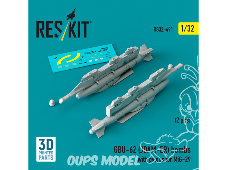 ResKit kit armement Avion RS32-0491 Bombes GBU-62 JDAM-ER avec pylônes pour MiG-29 Fulcrum 2 pièces imprimées en 3D 1/32