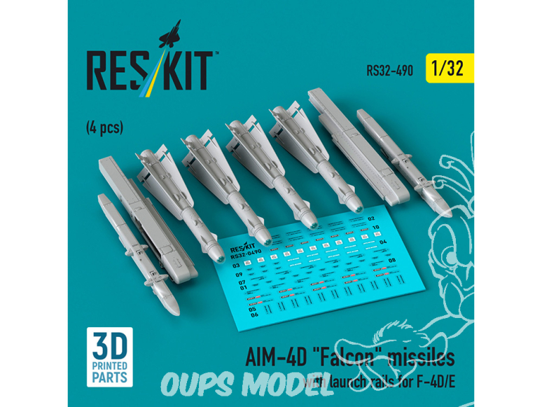 ResKit kit armement Avion RS32-0490 Missiles AIM-4D Falcon avec rails de lancement pour F-4D/E 4 pièces en 3D 1/32
