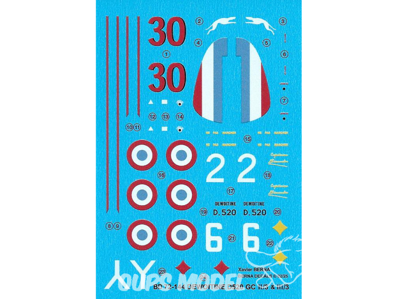 DECALQUES BERNA DECALS BD72-144 DEWOITINE 520 GC II/3 & III/3 1/72