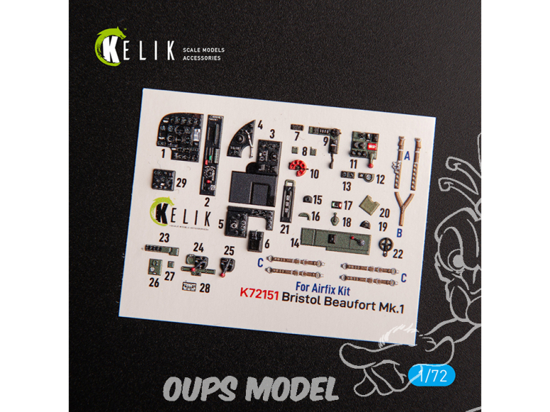 Kelik Decals 3D K72151 Bristol Beaufort Mk.1 Décalcomanies 3D intérieures pour kit Airfix 1/72