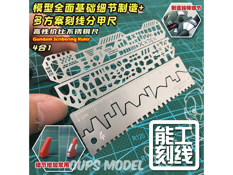 Alexen Models AJ0091 Pochoir Modèle Gundam Nenggong 4 en 1, production complète des détails de base + règle gravée